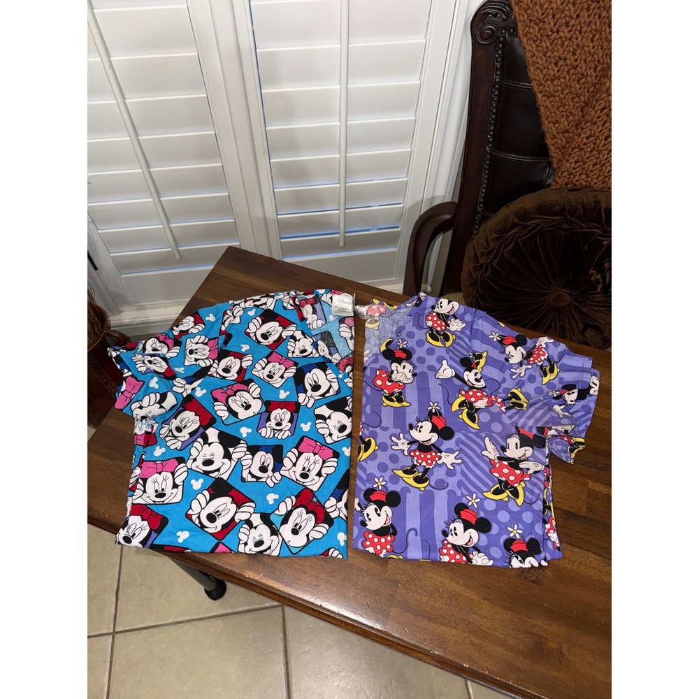 Disney Minnie Mouse Scrub Tops Set of 2 Blue Purple V-Neck Cotton S/CH